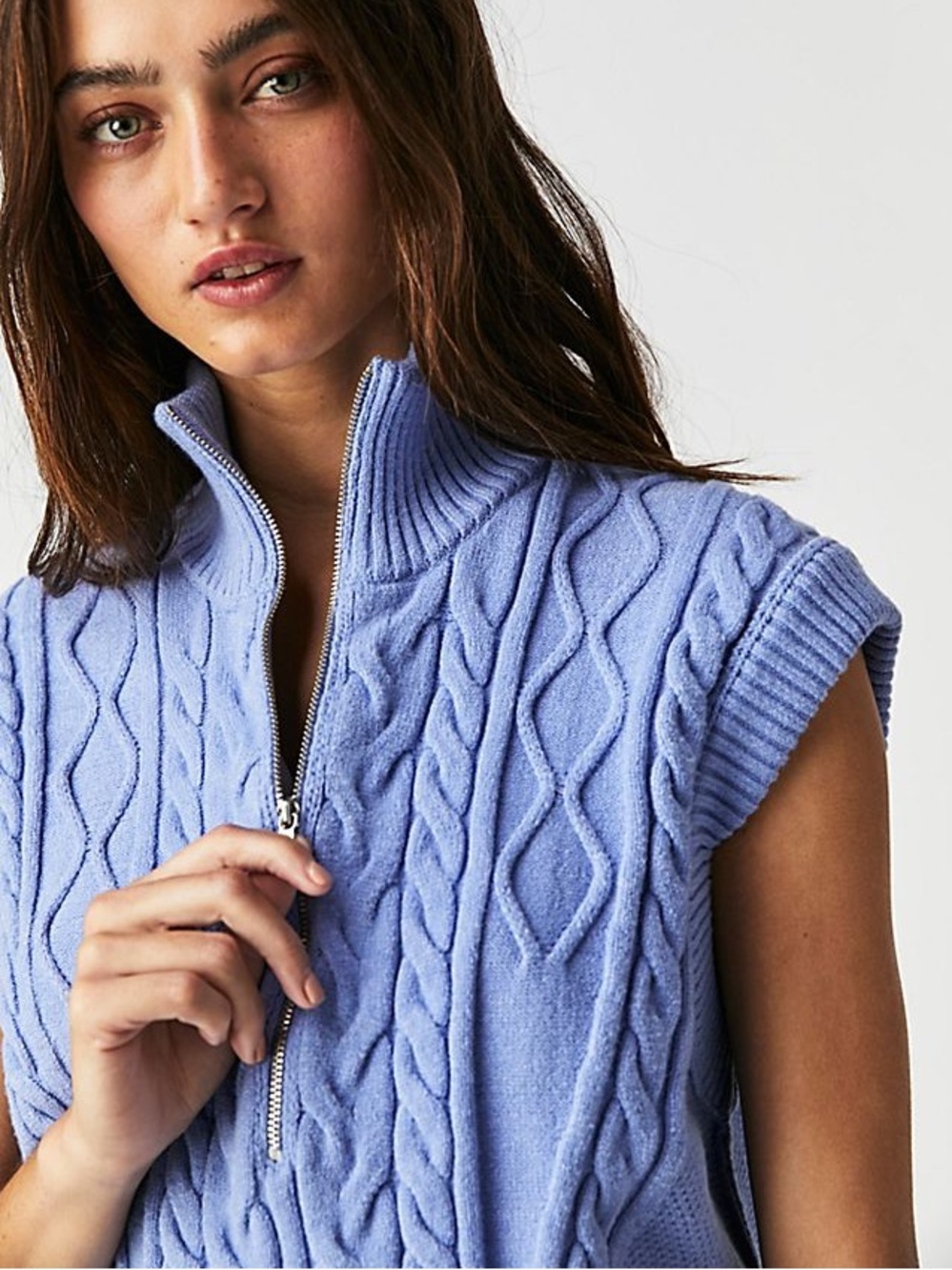 Free People Lizzy Half-Zip Periwinkle Blue Chunky Cable Knit Sweater Vest